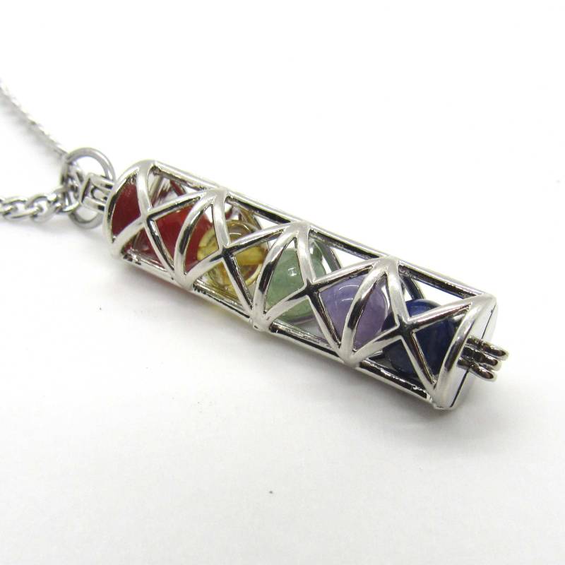 Regenbogen Perlen Silber Ton Käfig Anhänger Halskette, Herren Frau Gefederte Anhänger von JDsFashionJewelry