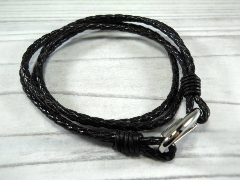 Schwarz Geflochtenes Leder Doppel Wickelarmband, Silberfarbener Karabinerverschluss, Herren Armband, Geschenk Für Männer, Schmuck, Damen Armband von JDsFashionJewelry