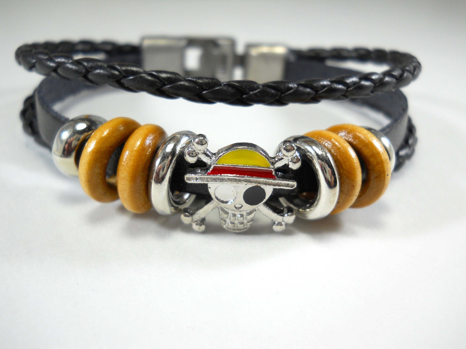 Schwarzes Leder Multi Layer Armband 20 ", Hakenverschluss, Antikes Silber Und Holzperlen, Emaille Schädel, Herrenarmband, Herrenschmuck von JDsFashionJewelry