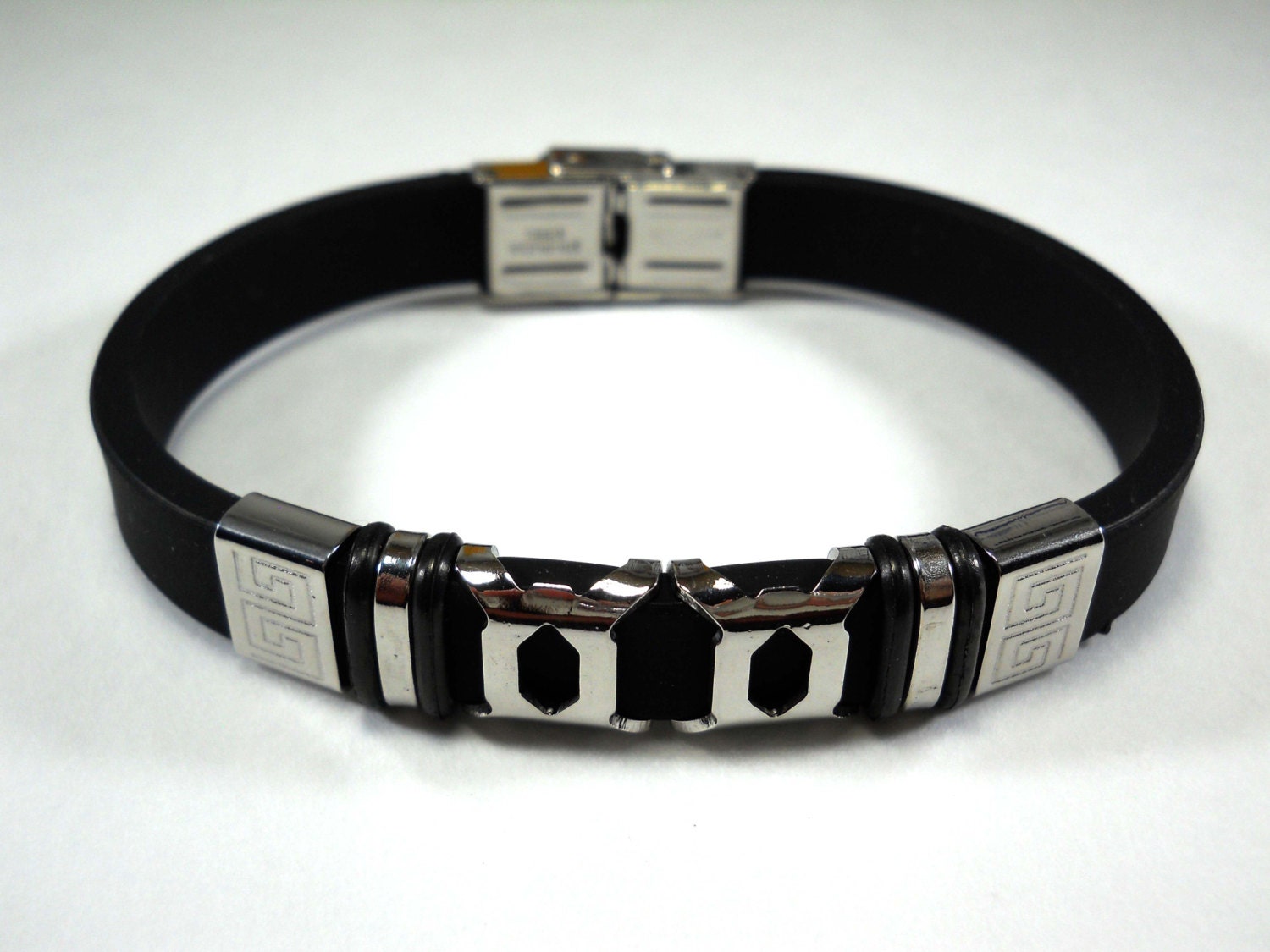 Schwarzes Silikon Und Edelstahl 304 Jugendstil Muster 8 1/2 "Armband Für Männer, Geschenk Modearmband, Herrenschmuck von JDsFashionJewelry