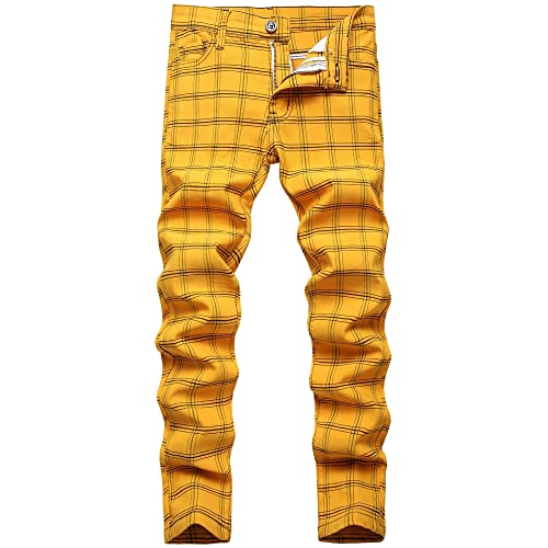 JE&NS Herren Stretch Slim Fit Flat-Front Casual Skinny Chino Plaid Kleid Hose, Gelber Karo, 56 JE&NS Herren Stretch Slim Fit Flat-Front Casual Skinny Chino Plaid Kleid Hose, Gelber Karo, 56 von JE&NS