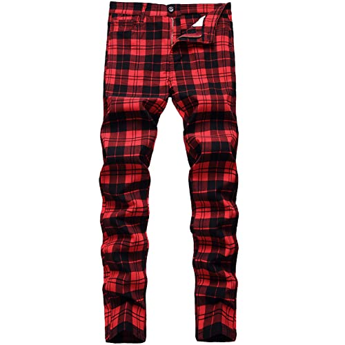 JE&NS Herren Stretch Slim Fit Flat-Front Casual Skinny Chino Plaid Kleid Hose, rotem Karo, 50 JE&NS Herren Stretch Slim Fit Flat-Front Casual Skinny Chino Plaid Kleid Hose, rotem Karo, 50 von JE&NS