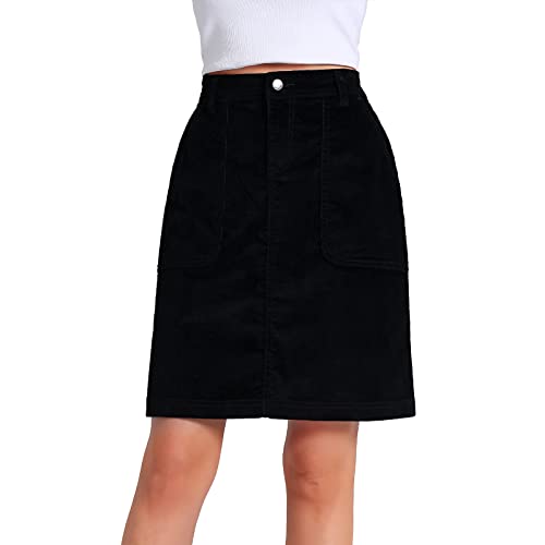 JEANIR Damen Low Stretch Denim A-Linie Rock - 14 Pit Stretch Cord Knielang Mid Mini Mit Taschen, Schwarz, Small Petite von JEANIR