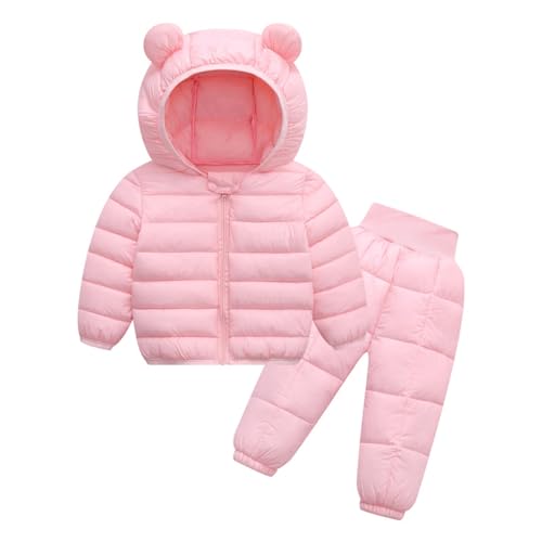 JEATHA 2Pcs Baby Kleinkinder Schneeanzug Leicht Daunenjacke Steppjacke Übergangsjacke mit Bärenohren Winddicht Schneehose Daunenhose Rosa 98-104 von JEATHA