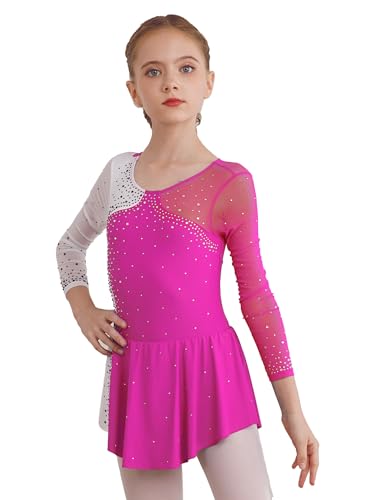 JEATHA Ballettkleid Mädchen Eiskunstlauf-Kleid Tanzkleid Mesh Langarm Sakter Kleider mit Strass Balletttrikot Tanzbody mit Chiffon Rock Tütü Ballettkleidung C Rosa 158-164 von JEATHA