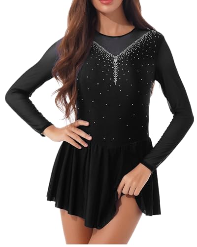 JEATHA Damen Asymmetrisches Eiskunstlauf Kleid Strass Ballettkleid Ballettanzug Gymnastikanzug Langarm Tanzkleid Wettbewerb Kostüm Schwarz D 3XL von JEATHA