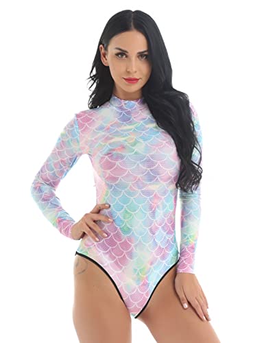 JEATHA Damen Badeanzug Meerjungfrauen Bodysuit Schwimmanzug Langarm Badetrikot Schwimmoverall Sonnenschutz Bademode Badebekleidung Colorful S/M von JEATHA