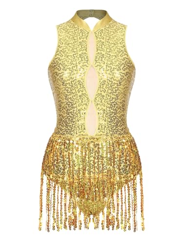 JEATHA Damen Ballettanzug Gymnastikanzug Pailletten Turnbody Ärmelloser Bodysuit Transparenter Mesh Patchwork Body mit Fransen Glitzer Tanzbody Leotard Quaste Ballettkleidung D Gold L von JEATHA