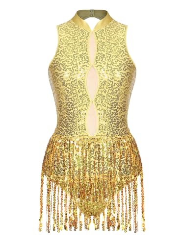 JEATHA Damen Ballettanzug Gymnastikanzug Pailletten Turnbody Ärmelloser Bodysuit Transparenter Mesh Patchwork Body mit Fransen Glitzer Tanzbody Leotard Quaste Ballettkleidung D Gold M von JEATHA