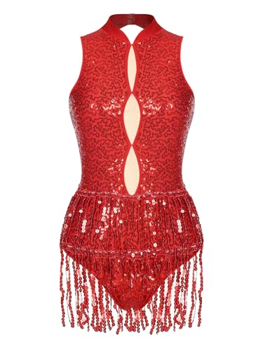 JEATHA Damen Ballettanzug Gymnastikanzug Pailletten Turnbody Ärmelloser Bodysuit Transparenter Mesh Patchwork Body mit Fransen Glitzer Tanzbody Leotard Quaste Ballettkleidung D Rot S von JEATHA