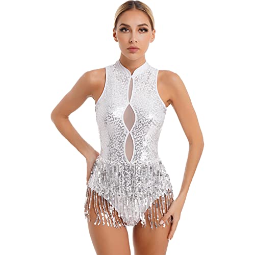 JEATHA Damen Ballettanzug Gymnastikanzug Pailletten Turnbody Ärmelloser Bodysuit Transparenter Mesh Patchwork Body mit Fransen Glitzer Tanzbody Leotard Quaste Ballettkleidung D Weiß XL von JEATHA