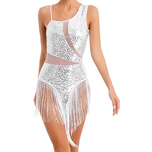 JEATHA Damen Ballettanzug Gymnastikanzug Pailletten Turnbody Ärmelloser Bodysuit Transparenter Mesh Patchwork Body mit Fransen Glitzer Tanzbody Leotard Quaste Ballettkleidung Weiß C S von JEATHA