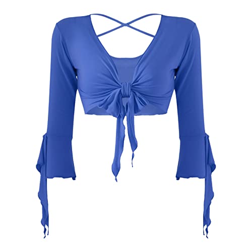 JEATHA Damen Bauchtanz Kostüm Cardigan Bauchfrei Top mit 3/4-Ärmel Latin Jazz Oberteil Fransen Halter Crop Top Bolero Festlich Belly Dance Nachtclub GOGO Clubwear Royal Blau One Size von JEATHA