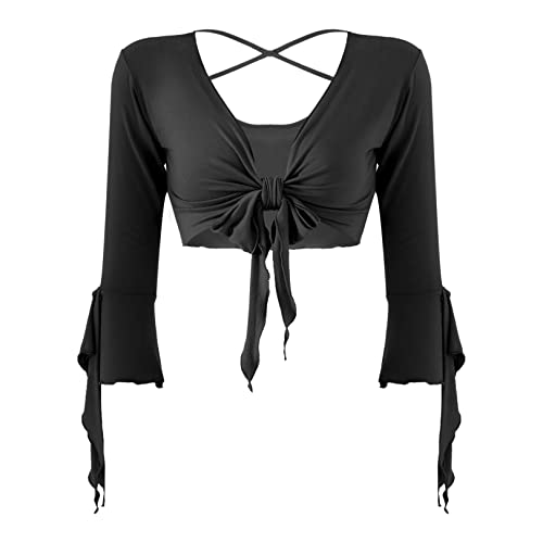 JEATHA Damen Bauchtanz Kostüm Cardigan Bauchfrei Top mit 3/4-Ärmel Latin Jazz Oberteil Fransen Halter Crop Top Bolero Festlich Belly Dance Nachtclub GOGO Clubwear Schwarz One Size von JEATHA