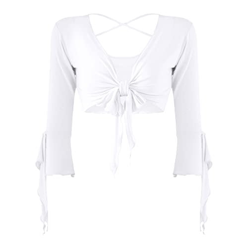 JEATHA Damen Bauchtanz Kostüm Cardigan Bauchfrei Top mit 3/4-Ärmel Latin Jazz Oberteil Fransen Halter Crop Top Bolero Festlich Belly Dance Nachtclub GOGO Clubwear Weiß One Size von JEATHA