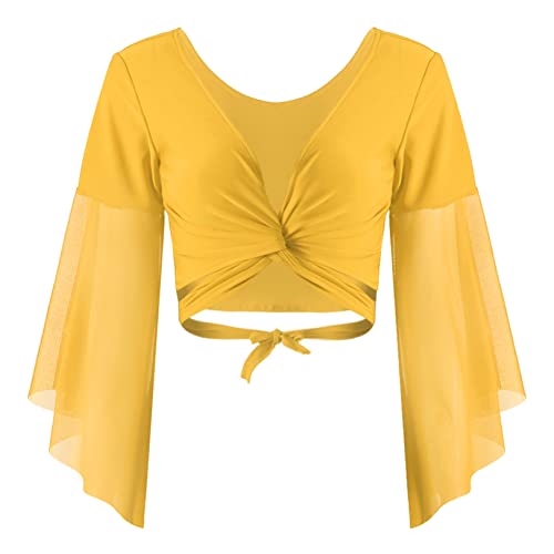 JEATHA Damen Bauchtanz Kostüm Tanz Ballett Oberteil Elegant Crop Top Festlich Langarm Bolero Shrug Top Bauchtanzoberteil Kurzes Oberteil Bühnenkostüm Gelb One Size von JEATHA