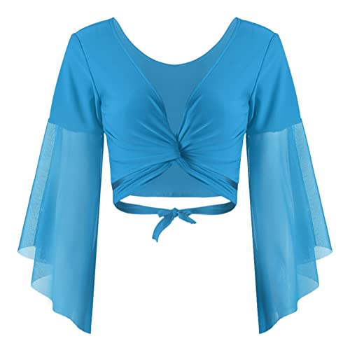 JEATHA Damen Bauchtanz Kostüm Tanz Ballett Oberteil Elegant Crop Top Festlich Langarm Bolero Shrug Top Bauchtanzoberteil Kurzes Oberteil Bühnenkostüm Hellblau One Size von JEATHA