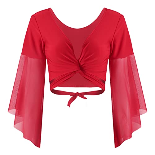 JEATHA Damen Bauchtanz Kostüm Tanz Ballett Oberteil Elegant Crop Top Festlich Langarm Bolero Shrug Top Bauchtanzoberteil Kurzes Oberteil Bühnenkostüm Rot One Size von JEATHA