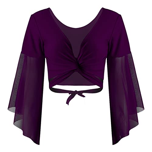 JEATHA Damen Bauchtanz Kostüm Tanz Ballett Oberteil Elegant Crop Top Festlich Langarm Bolero Shrug Top Bauchtanzoberteil Kurzes Oberteil Bühnenkostüm Violett One Size von JEATHA