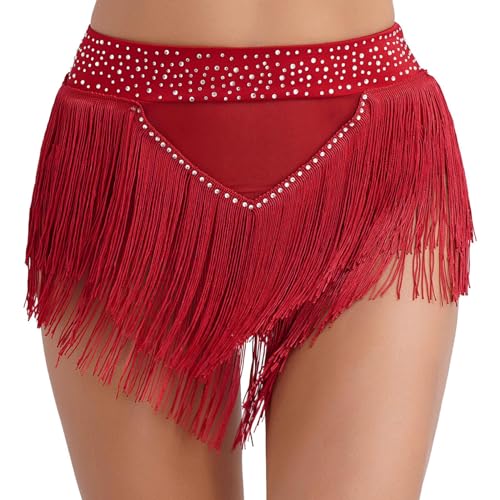JEATHA Damen Bauchtanz Quaste ShortsSamba Briefs Hot Pants Fransen Rock Unterwäsche Mini Shorts Tanzkleidung Hüftwickelschal Rave Musik Festival Kostüm Burgundy M von JEATHA
