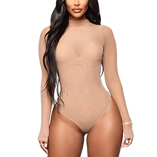 JEATHA Damen Body Durchsichtig Langarm Tüll-Bodysuit mit Halbkragen Bodysuit Overall Mesh Tops Romper Sexy Unterwäsche Nude M von JEATHA