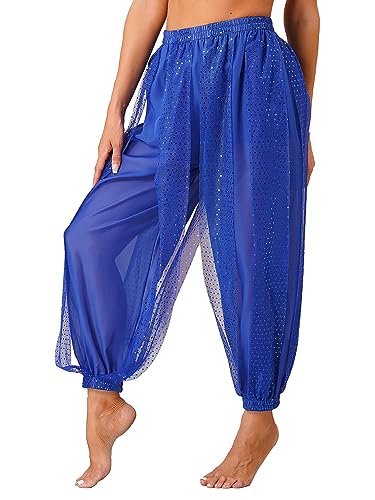 JEATHA Damen Chiffon Bauchtanz Hosen Bloomers Tanzhose mit Pailletten Haremshose Pumphose Party Arabisch Hosen Performance Kostüm Königsblau One Size von JEATHA