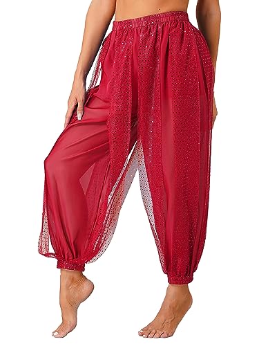 JEATHA Damen Chiffon Bauchtanz Hosen Bloomers Tanzhose mit Pailletten Haremshose Pumphose Party Arabisch Hosen Performance Kostüm Rot One Size von JEATHA