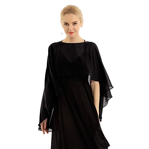 JEATHA Damen Chiffon Bolero Poncho Elegant Kurze Schulterjacke Festliche Leichte Fließende Bolerojacke Cover Up zum Hochzeitkleid Brautkleid Abendkleid Schwarz One Size von JEATHA