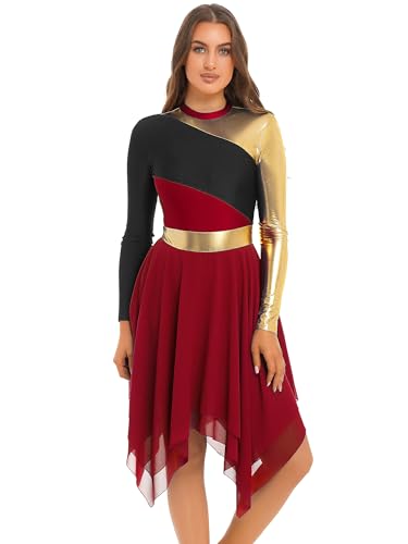 JEATHA Damen Eiskunstlauf-Kleid Ballettkleid Ärmellos Neckholder Top Ballettrock Tanzkleid Skater Kleider Trikotkleid Asymmetrischer Saum Gymnastikanzug B Burgundy M von JEATHA