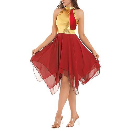 JEATHA Damen Eiskunstlauf-Kleid Ballettkleid Ärmellos Neckholder Top Ballettrock Tanzkleid Skater Kleider Trikotkleid Asymmetrischer Saum Gymnastikanzug Rot XXL von JEATHA