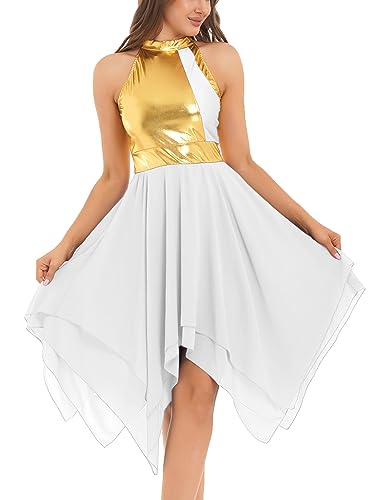 JEATHA Damen Eiskunstlauf-Kleid Ballettkleid Ärmellos Neckholder Top Ballettrock Tanzkleid Skater Kleider Trikotkleid Asymmetrischer Saum Gymnastikanzug Weiß XXL von JEATHA