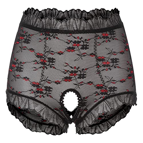 JEATHA Damen Erotik Dessous Spitze Höschen Ouvert-Panties Transparente Unterhose Sexy Unterwäsche Lace Briefs Offen Schritt Boxershorts Reizwäsche Schwarz C XXL von JEATHA