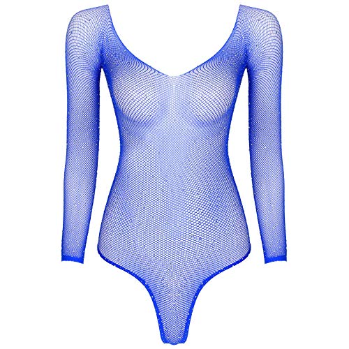 JEATHA Damen Fischnetz Bodysuit Strass Catsuit Transparent Stringbody Glänzend Netzbody Langarm Catsuit Mesh Strampler Erotik Dessous Reizwäsche Blau OneSize von JEATHA