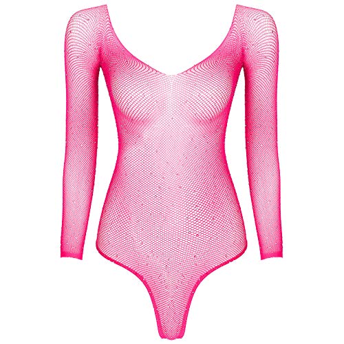 JEATHA Damen Fischnetz Bodysuit Strass Catsuit Transparent Stringbody Glänzend Netzbody Langarm Catsuit Mesh Strampler Erotik Dessous Reizwäsche Rosa OneSize von JEATHA