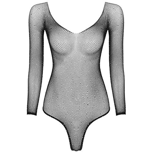 JEATHA Damen Fischnetz Bodysuit Strass Catsuit Transparent Stringbody Glänzend Netzbody Langarm Catsuit Mesh Strampler Erotik Dessous Reizwäsche Schwarz OneSize von JEATHA