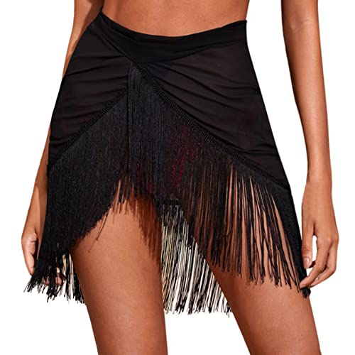JEATHA Damen Fransenrock Asymmetrischer Tanzrock Latin Rock mit Quasten Fischnetz Kurze Tango Rumba Rock Bauchtanz kostüm Tanzkleidung Schwarz F L von JEATHA