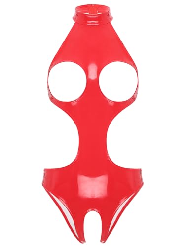 JEATHA Damen Glänzend Bodysuit Catsuit Trikot Body aus Leder Lack mit Offen Schritt Stringbody High Cut Thong Clubwear S-XL, 5 Stil K Rot L von JEATHA