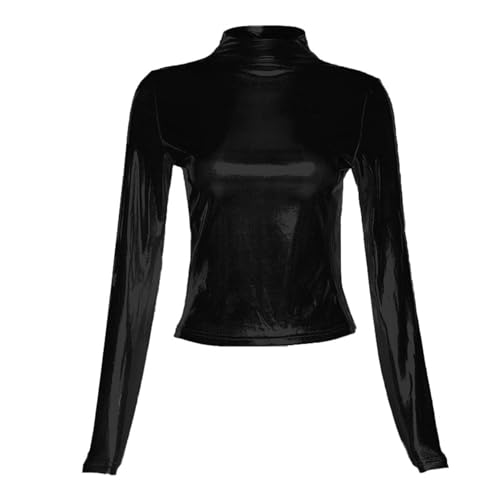 JEATHA Damen Glänzend Crop Top Langarmshirt Metallic Langarm Tanztop Kurz Sexy Oberteil Bauchfrei Bluse Tops Gold Silber Shirts Glitzer Blusenshirt Pullover Stehkragen Party Clubwear D Schwarz M von JEATHA