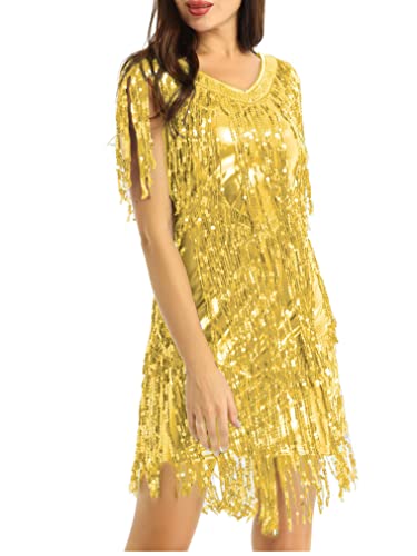 JEATHA Damen Glänzende Pailletten Kleider Mit Quaste V-Ausschnitt Tanzkleid Fransenkleid Samba Tango Latin Salsa ChaCha Kleid Quastenrock Wettbewerb Kostüme Gold L von JEATHA