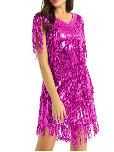 JEATHA Damen Glänzende Pailletten Kleider Mit Quaste V-Ausschnitt Tanzkleid Fransenkleid Samba Tango Latin Salsa ChaCha Kleid Quastenrock Wettbewerb Kostüme Rose XXL von JEATHA