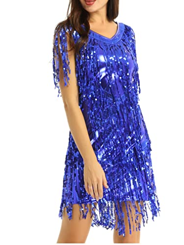 JEATHA Damen Glänzende Pailletten Kleider Mit Quaste V-Ausschnitt Tanzkleid Fransenkleid Samba Tango Latin Salsa ChaCha Kleid Quastenrock Wettbewerb Kostüme Royal Blau L von JEATHA