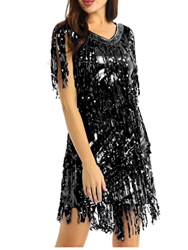 JEATHA Damen Glänzende Pailletten Kleider Mit Quaste V-Ausschnitt Tanzkleid Fransenkleid Samba Tango Latin Salsa ChaCha Kleid Quastenrock Wettbewerb Kostüme Schwarz XL von JEATHA