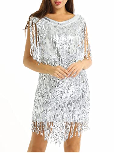 JEATHA Damen Glänzende Pailletten Kleider Mit Quaste V-Ausschnitt Tanzkleid Fransenkleid Samba Tango Latin Salsa ChaCha Kleid Quastenrock Wettbewerb Kostüme Silber L von JEATHA