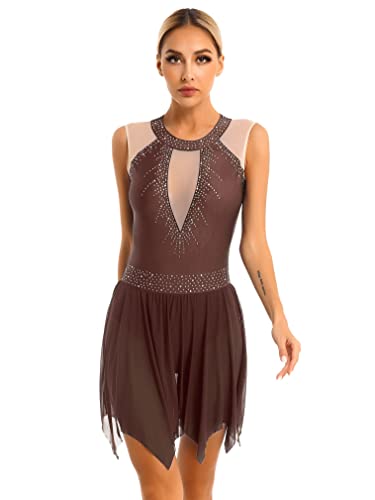 JEATHA Damen Glänzende Strass Ballettkleidung Ballettkleid Ärmellos Tanzkleid Eiskunstlauf Skater Kleid Gymnastik Leotard mit Rock Tütü Balletttrikot Gymnastikanzug Tanzkleidung C Braun L von JEATHA