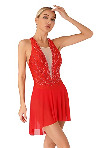 JEATHA Damen Glänzende Strass Ballettkleidung Ballettkleid Ärmellos Tanzkleid Eiskunstlauf Skater Kleid Gymnastik Leotard mit Rock Tütü Balletttrikot Gymnastikanzug Tanzkleidung E Rot XXL von JEATHA