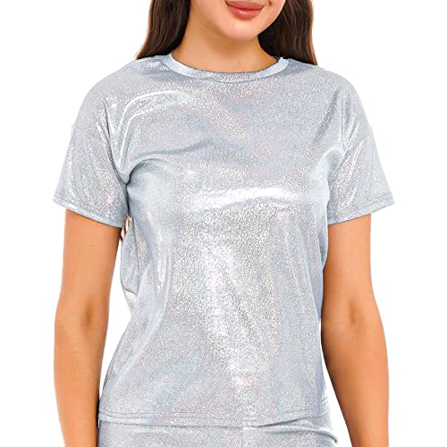 JEATHA Damen Glänzendes T-Shirt Metall Bluse Oberteil Kurzarm Sommer Tops Rundhals Hemd 70er 80er Disco Party Kostüm Glitzer Top Shirt B Silber L von JEATHA