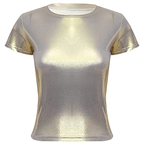 JEATHA Damen Glänzendes T-Shirt Metall Bluse Oberteil Kurzarm Sommer Tops Rundhals Hemd 70er 80er Disco Party Kostüm Glitzer Top Shirt Gold L von JEATHA