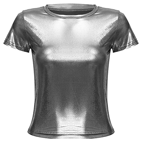 JEATHA Damen Glänzendes T-Shirt Metall Bluse Oberteil Kurzarm Sommer Tops Rundhals Hemd 70er 80er Disco Party Kostüm Glitzer Top Shirt Grau L von JEATHA