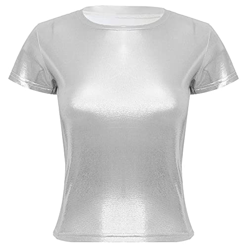 JEATHA Damen Glänzendes T-Shirt Metall Bluse Oberteil Kurzarm Sommer Tops Rundhals Hemd 70er 80er Disco Party Kostüm Glitzer Top Shirt Silber XXL von JEATHA