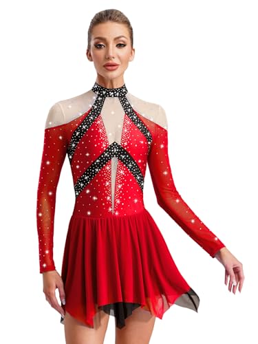 JEATHA Damen Glitzer Farbblock Eiskunstlauf Kleid Strass Ballettkleid Ballettanzug Gymnastikanzug Langarm Tanzkleid Wettbewerb Kostüm Rot S von JEATHA